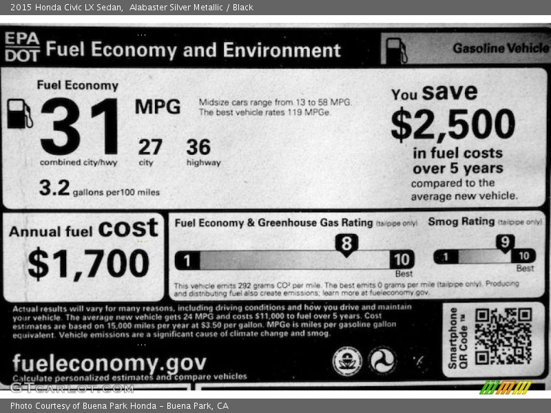 Alabaster Silver Metallic / Black 2015 Honda Civic LX Sedan