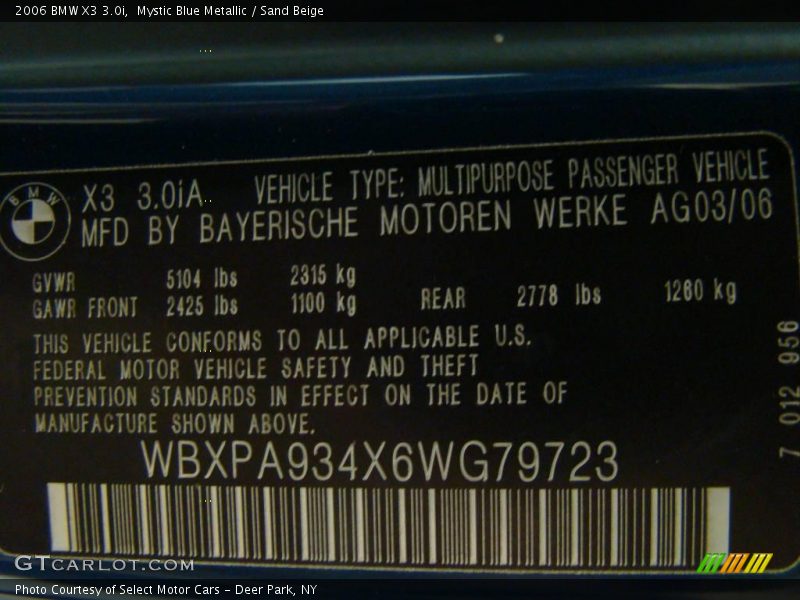 Mystic Blue Metallic / Sand Beige 2006 BMW X3 3.0i