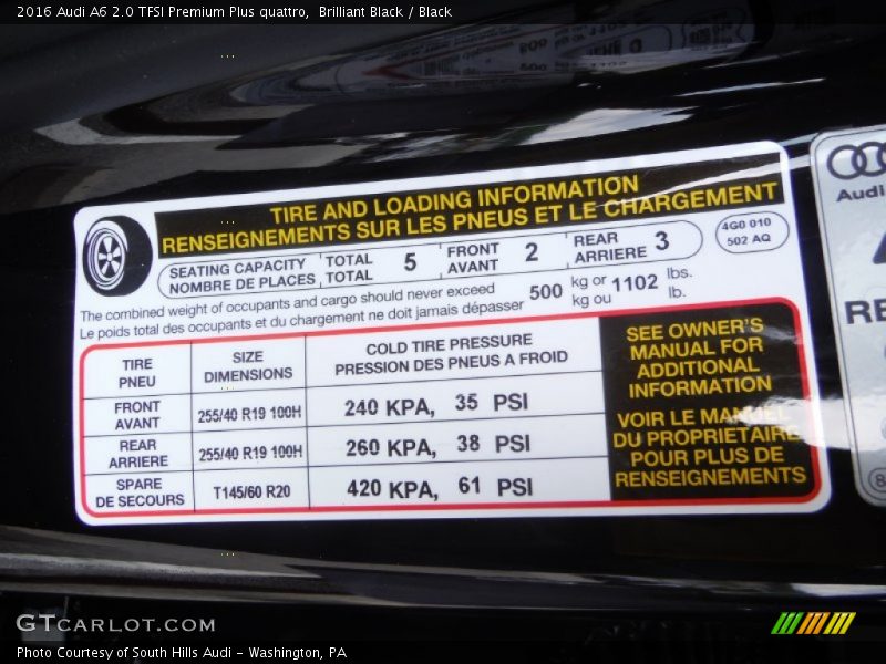 Info Tag of 2016 A6 2.0 TFSI Premium Plus quattro