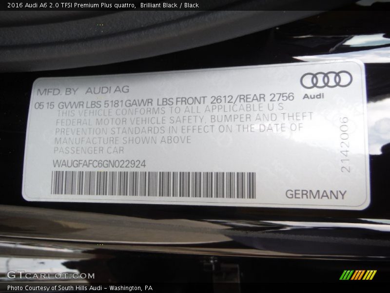 Brilliant Black / Black 2016 Audi A6 2.0 TFSI Premium Plus quattro