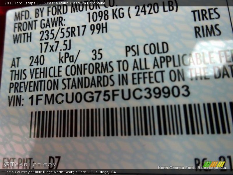 Sunset Metallic / Medium Light Stone 2015 Ford Escape SE