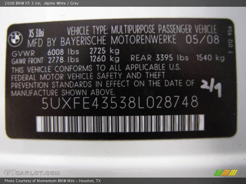 Alpine White / Grey 2008 BMW X5 3.0si