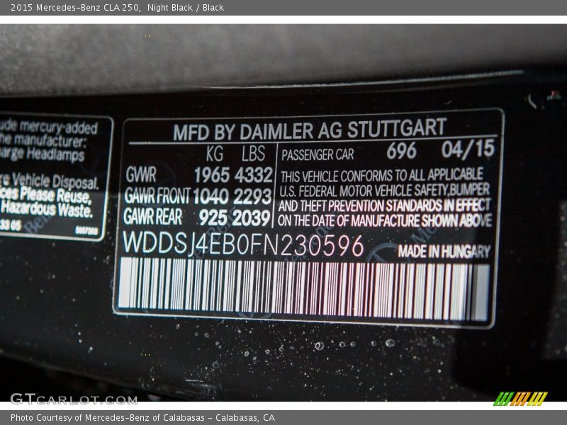 Night Black / Black 2015 Mercedes-Benz CLA 250