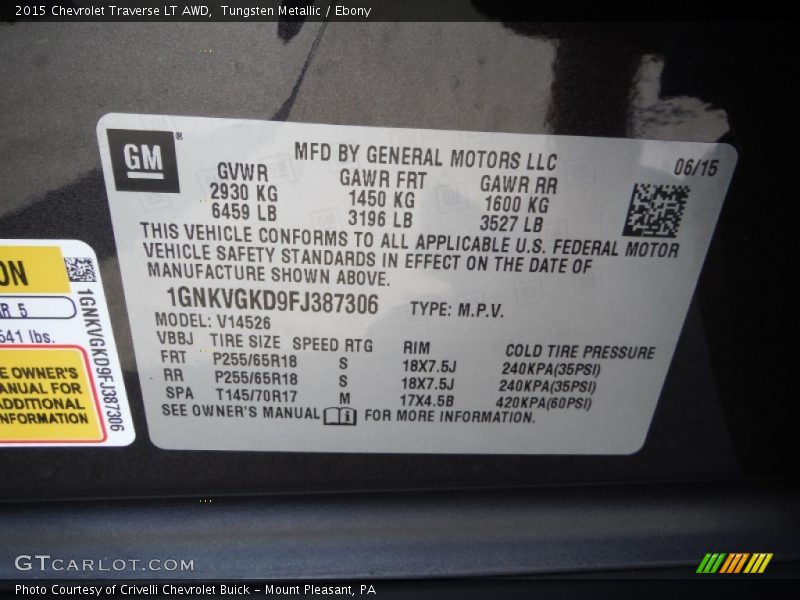 Tungsten Metallic / Ebony 2015 Chevrolet Traverse LT AWD