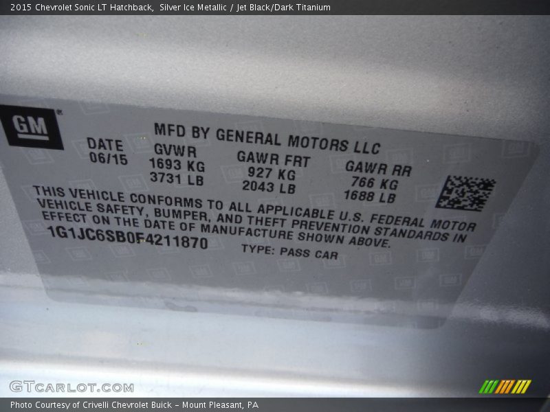 Silver Ice Metallic / Jet Black/Dark Titanium 2015 Chevrolet Sonic LT Hatchback