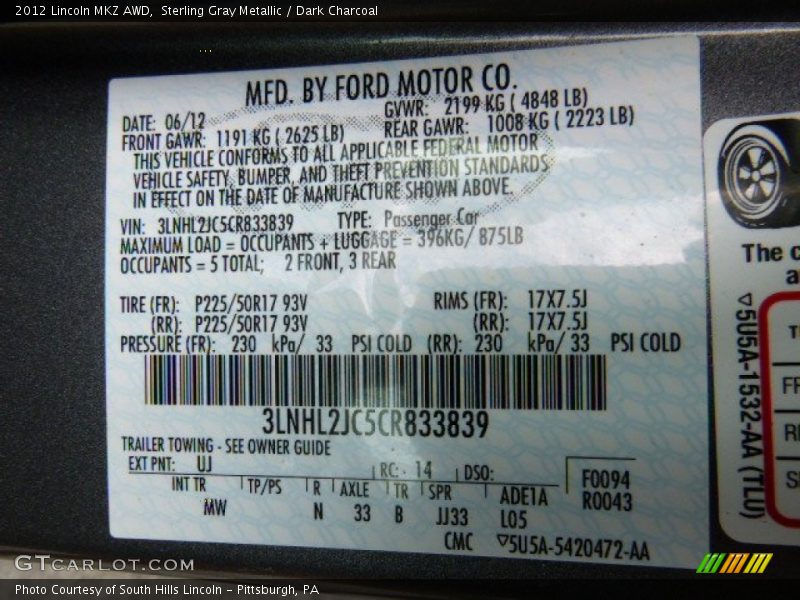 Sterling Gray Metallic / Dark Charcoal 2012 Lincoln MKZ AWD
