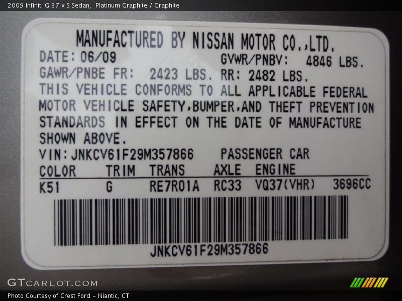 Platinum Graphite / Graphite 2009 Infiniti G 37 x S Sedan