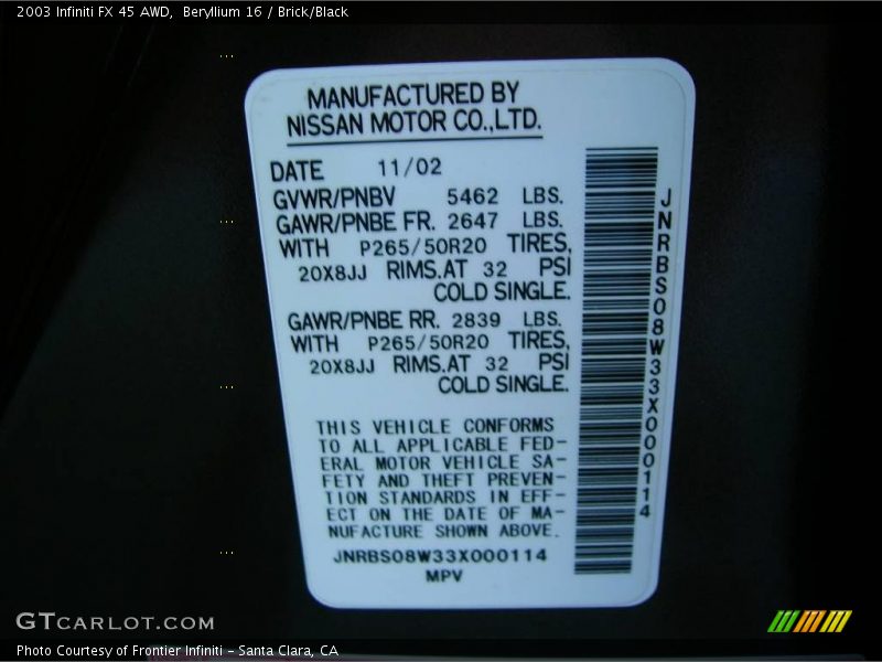 Beryllium 16 / Brick/Black 2003 Infiniti FX 45 AWD
