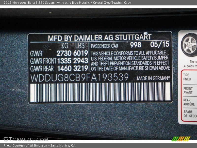 Anthracite Blue Metallic / Crystal Grey/Seashell Grey 2015 Mercedes-Benz S 550 Sedan