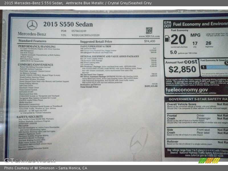 Anthracite Blue Metallic / Crystal Grey/Seashell Grey 2015 Mercedes-Benz S 550 Sedan