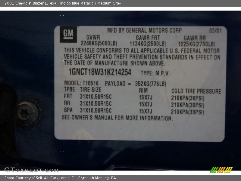 Indigo Blue Metallic / Medium Gray 2001 Chevrolet Blazer LS 4x4