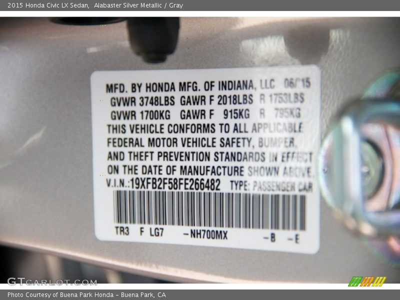 Alabaster Silver Metallic / Gray 2015 Honda Civic LX Sedan