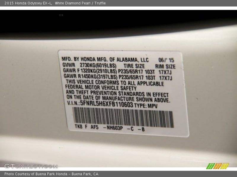 White Diamond Pearl / Truffle 2015 Honda Odyssey EX-L