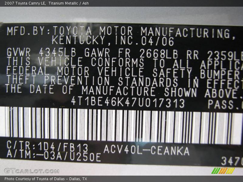 Titanium Metallic / Ash 2007 Toyota Camry LE