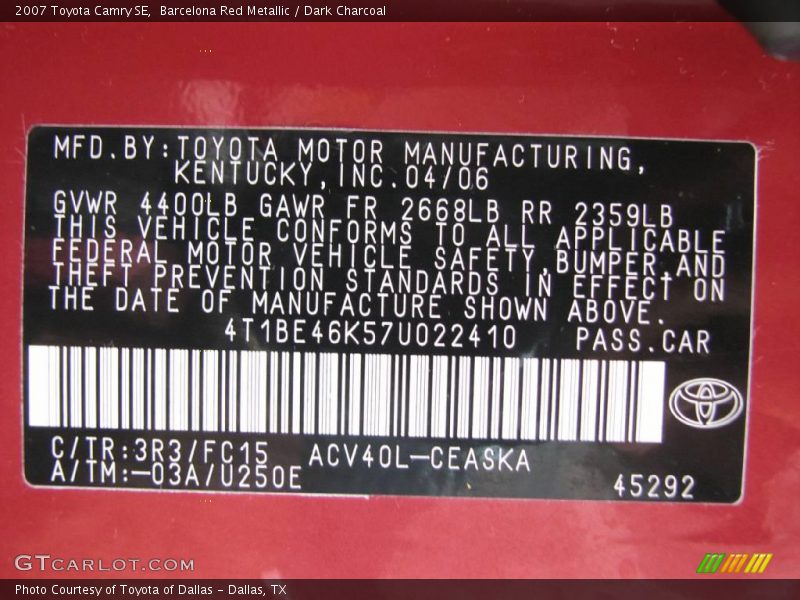 Barcelona Red Metallic / Dark Charcoal 2007 Toyota Camry SE
