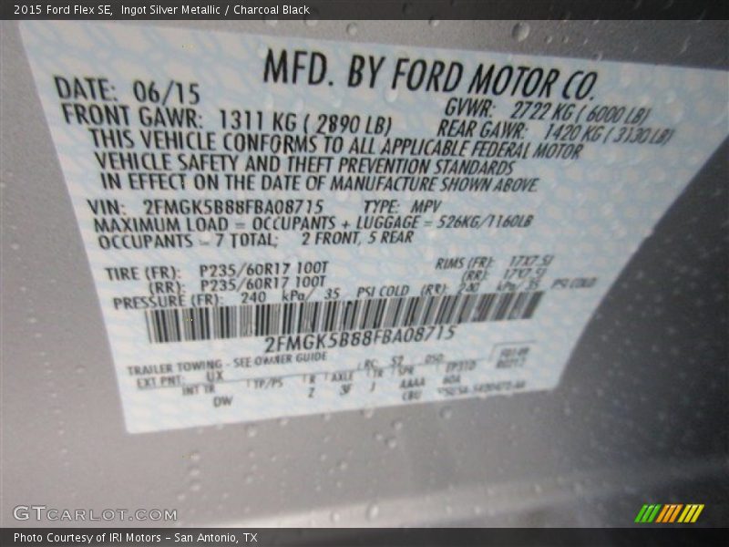 Ingot Silver Metallic / Charcoal Black 2015 Ford Flex SE