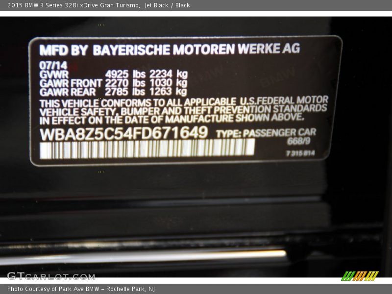 Jet Black / Black 2015 BMW 3 Series 328i xDrive Gran Turismo