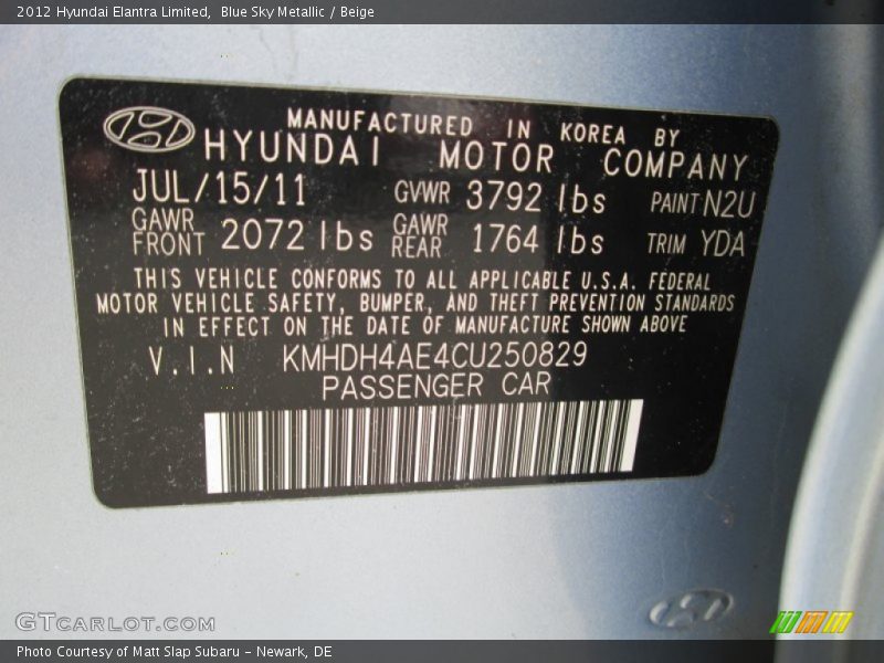 Blue Sky Metallic / Beige 2012 Hyundai Elantra Limited