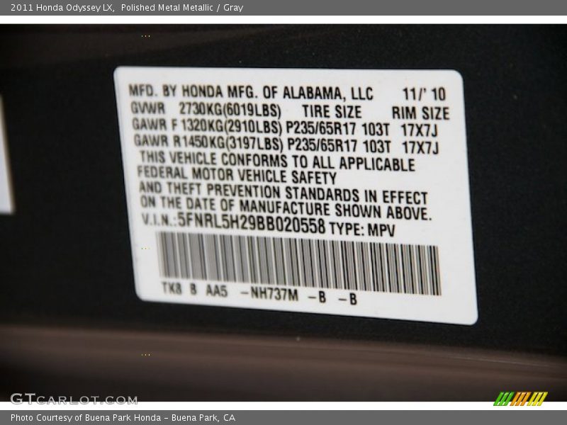 Polished Metal Metallic / Gray 2011 Honda Odyssey LX