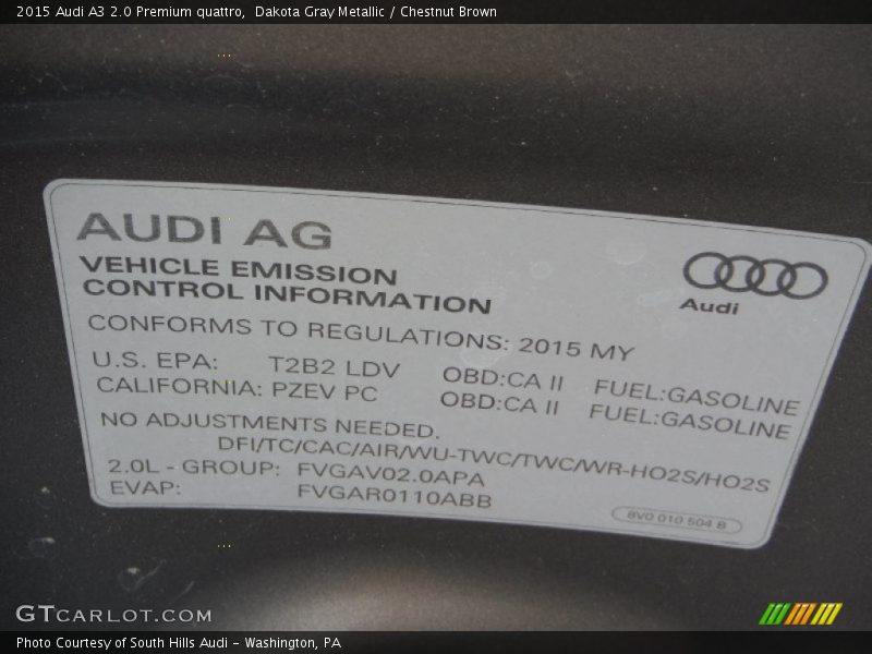 Dakota Gray Metallic / Chestnut Brown 2015 Audi A3 2.0 Premium quattro