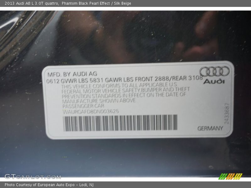 Phantom Black Pearl Effect / Silk Beige 2013 Audi A8 L 3.0T quattro