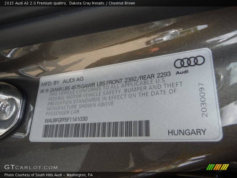 Dakota Gray Metallic / Chestnut Brown 2015 Audi A3 2.0 Premium quattro