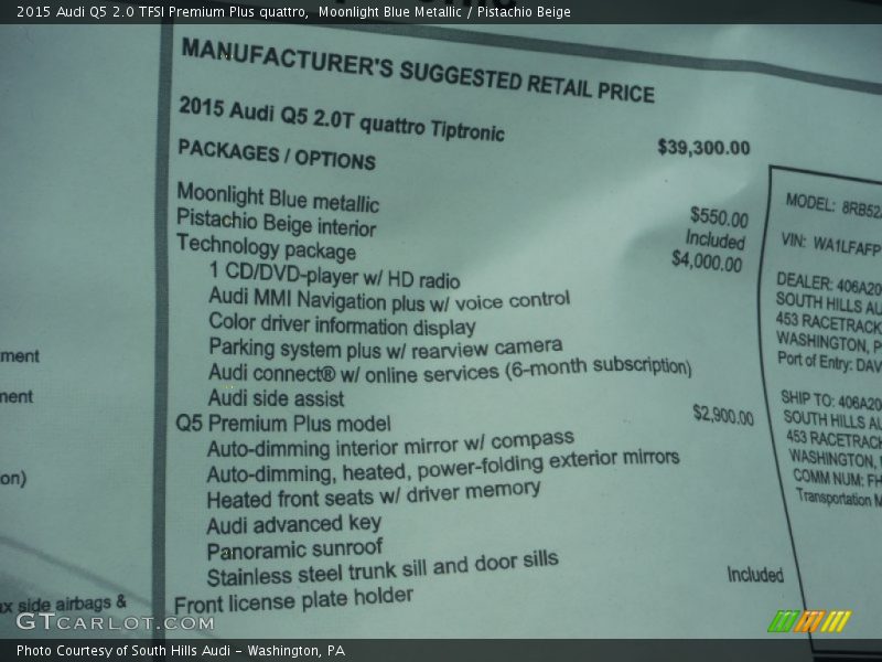 Moonlight Blue Metallic / Pistachio Beige 2015 Audi Q5 2.0 TFSI Premium Plus quattro