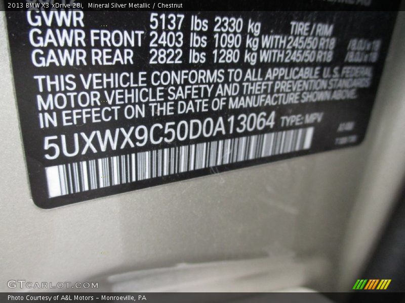 Mineral Silver Metallic / Chestnut 2013 BMW X3 xDrive 28i