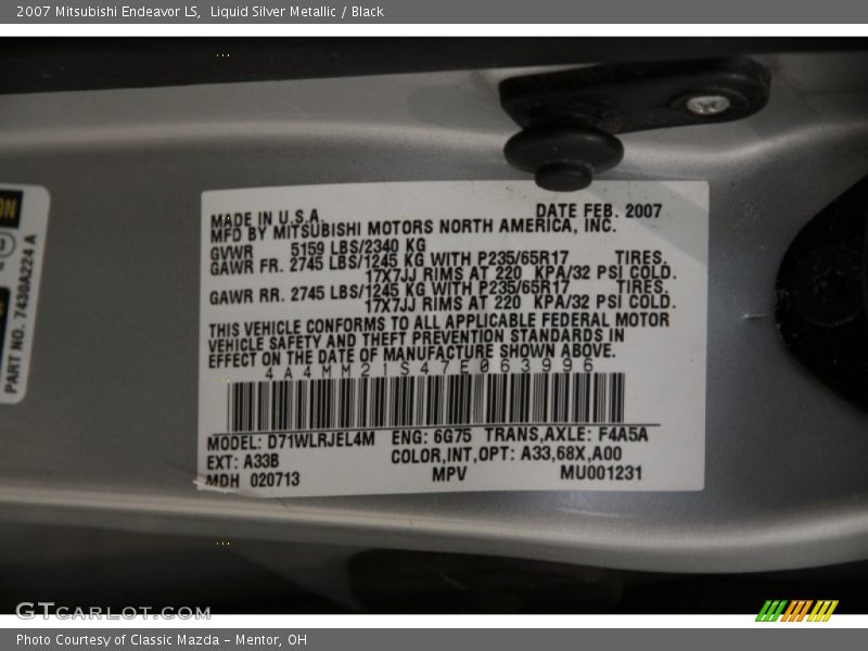 Liquid Silver Metallic / Black 2007 Mitsubishi Endeavor LS