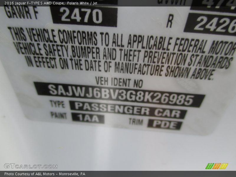 Polaris White / Jet 2016 Jaguar F-TYPE S AWD Coupe
