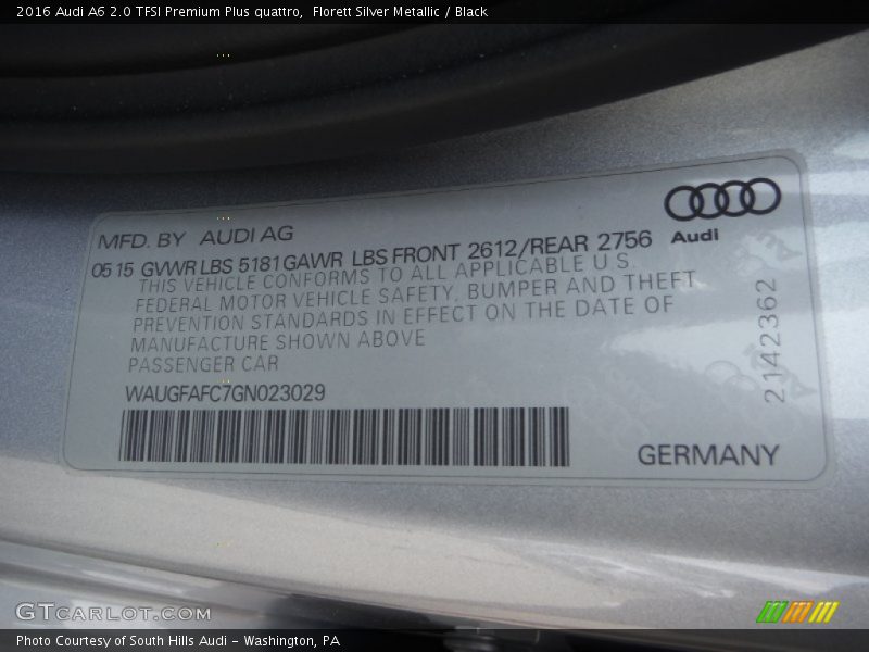 Florett Silver Metallic / Black 2016 Audi A6 2.0 TFSI Premium Plus quattro