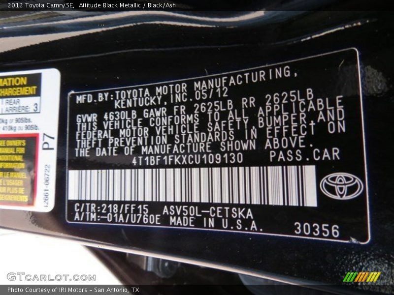 Attitude Black Metallic / Black/Ash 2012 Toyota Camry SE