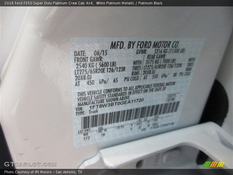 2016 F350 Super Duty Platinum Crew Cab 4x4 White Platinum Metallic Color Code UG