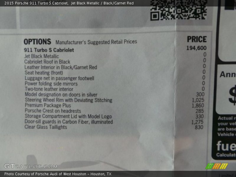  2015 911 Turbo S Cabriolet Window Sticker