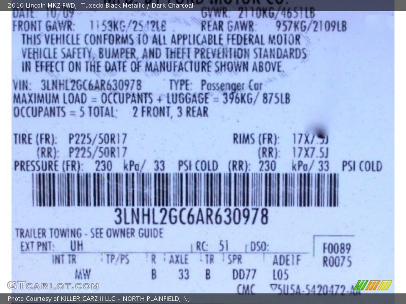 Tuxedo Black Metallic / Dark Charcoal 2010 Lincoln MKZ FWD