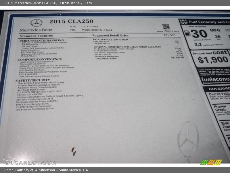 Cirrus White / Black 2015 Mercedes-Benz CLA 250