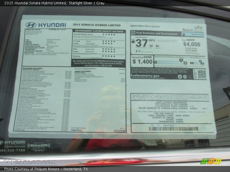 Starlight Silver / Gray 2015 Hyundai Sonata Hybrid Limited