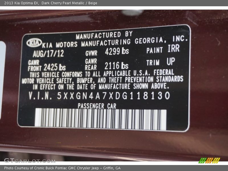 2013 Optima EX Dark Cherry Pearl Metallic Color Code IRR