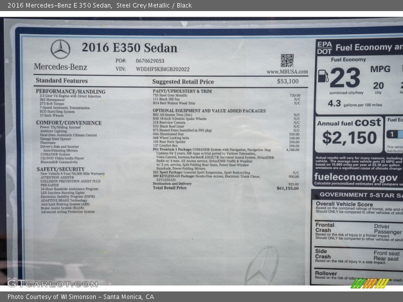 Steel Grey Metallic / Black 2016 Mercedes-Benz E 350 Sedan