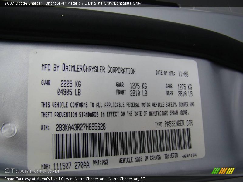 Bright Silver Metallic / Dark Slate Gray/Light Slate Gray 2007 Dodge Charger