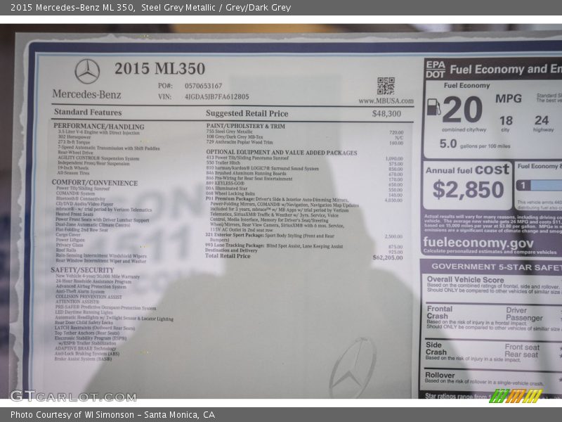 Steel Grey Metallic / Grey/Dark Grey 2015 Mercedes-Benz ML 350