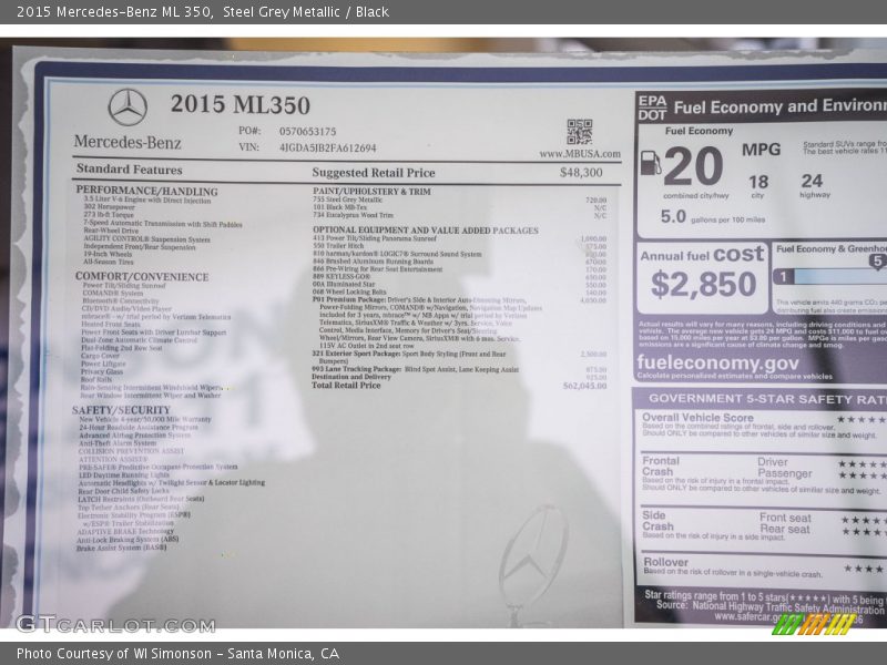 Steel Grey Metallic / Black 2015 Mercedes-Benz ML 350