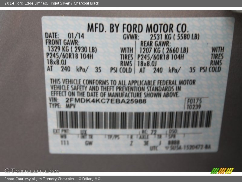 Ingot Silver / Charcoal Black 2014 Ford Edge Limited