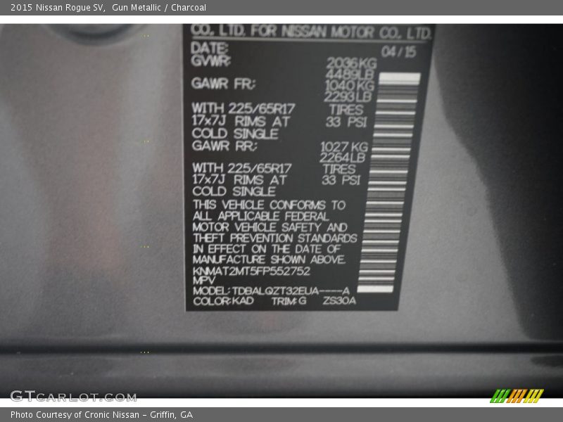 2015 Rogue SV Gun Metallic Color Code KAD