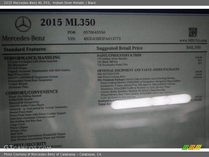 Iridium Silver Metallic / Black 2015 Mercedes-Benz ML 350