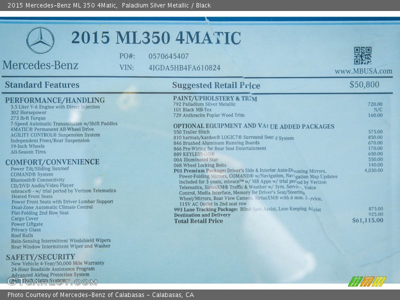  2015 ML 350 4Matic Window Sticker