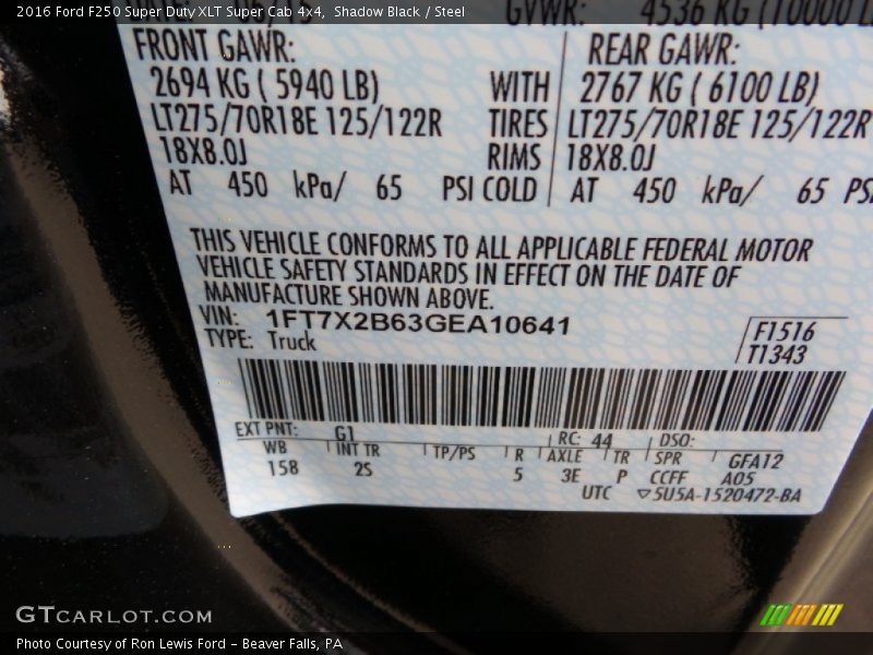 2016 F250 Super Duty XLT Super Cab 4x4 Shadow Black Color Code G1