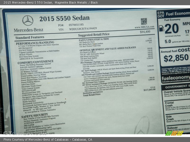  2015 S 550 Sedan Window Sticker