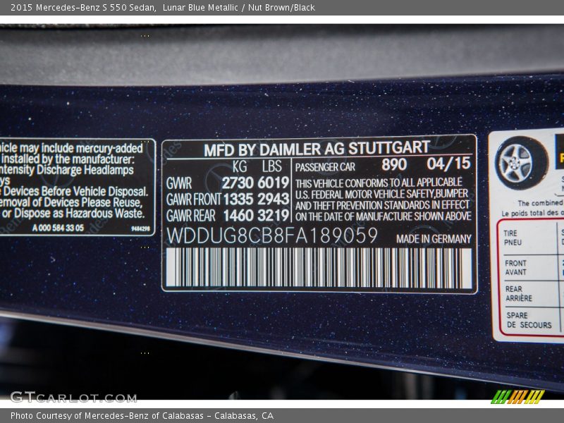 Lunar Blue Metallic / Nut Brown/Black 2015 Mercedes-Benz S 550 Sedan