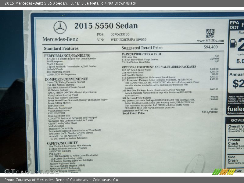  2015 S 550 Sedan Window Sticker